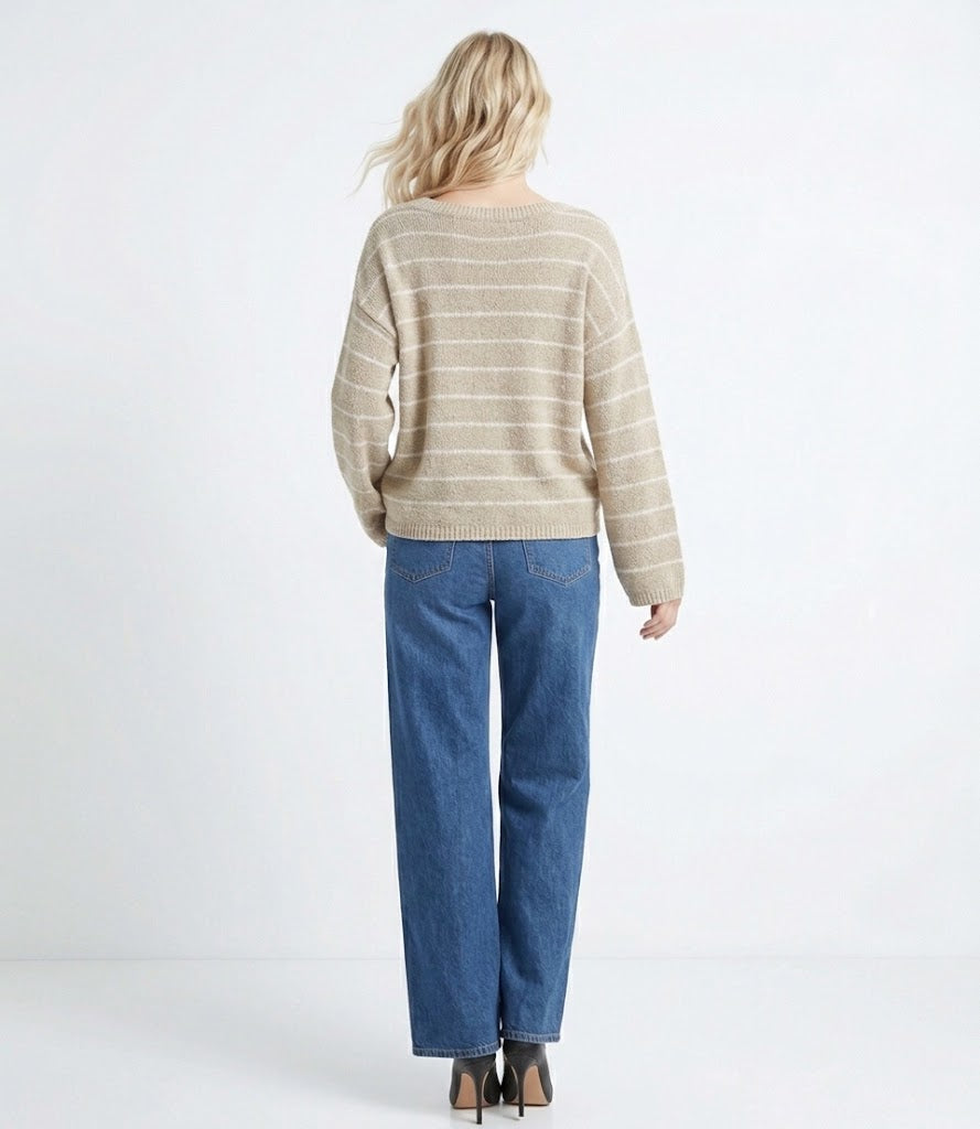 The Nantucket Slouchy Striped Crewneck Sweater in Sand & White