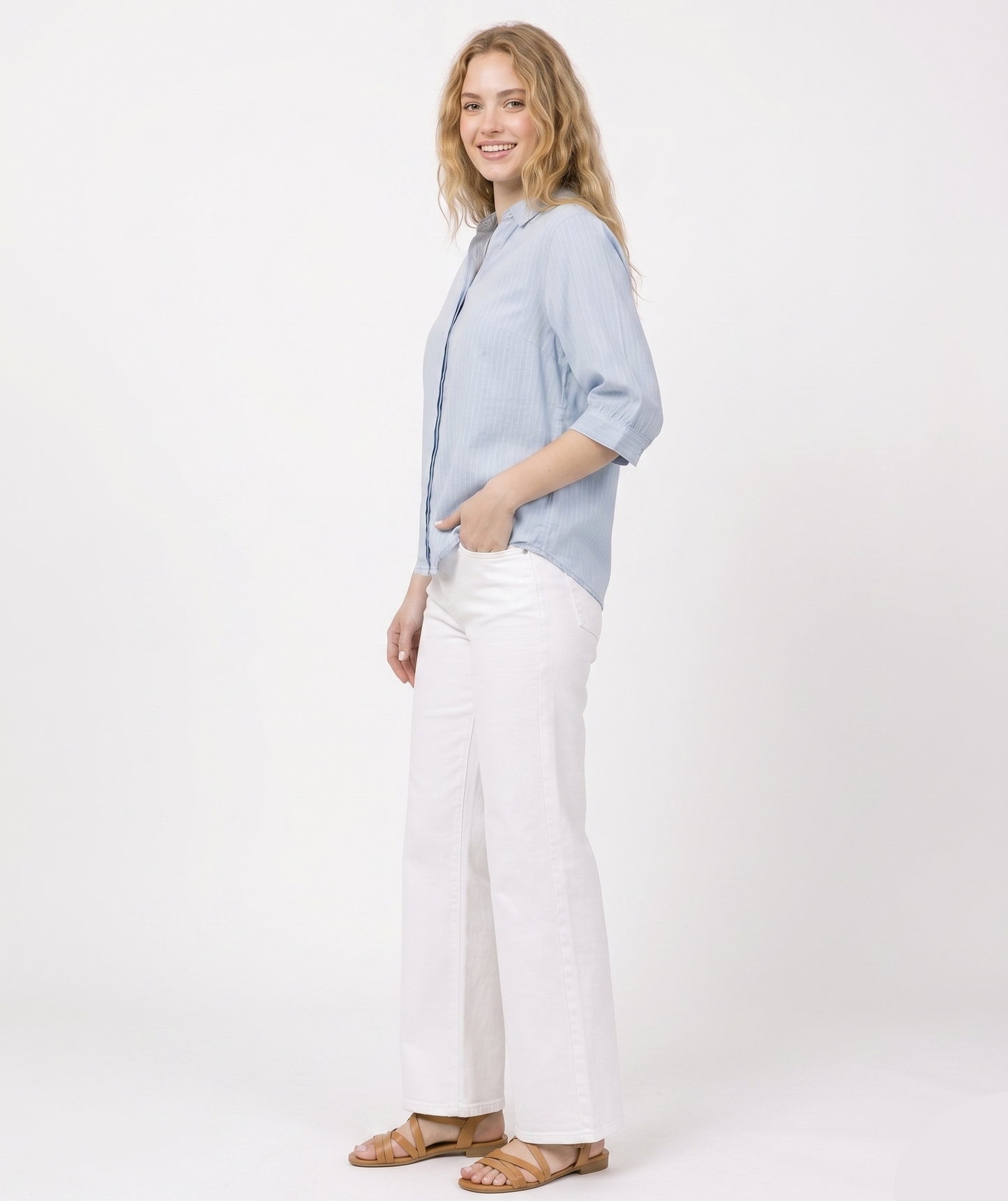 Light Wash Pinstripe Short Sleeve Button-Up