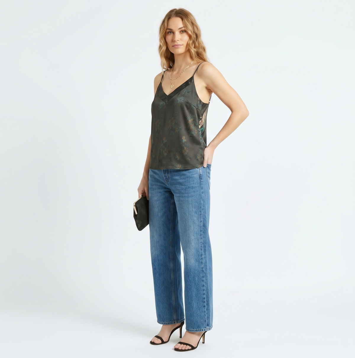 The Lyra Floral Satin V-Neck Cami Top in Dark Floral