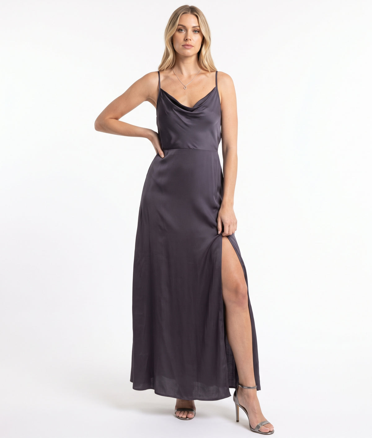 The Seraphina Cowl-Neck Slit Satin Maxi Dress in Gunmetal