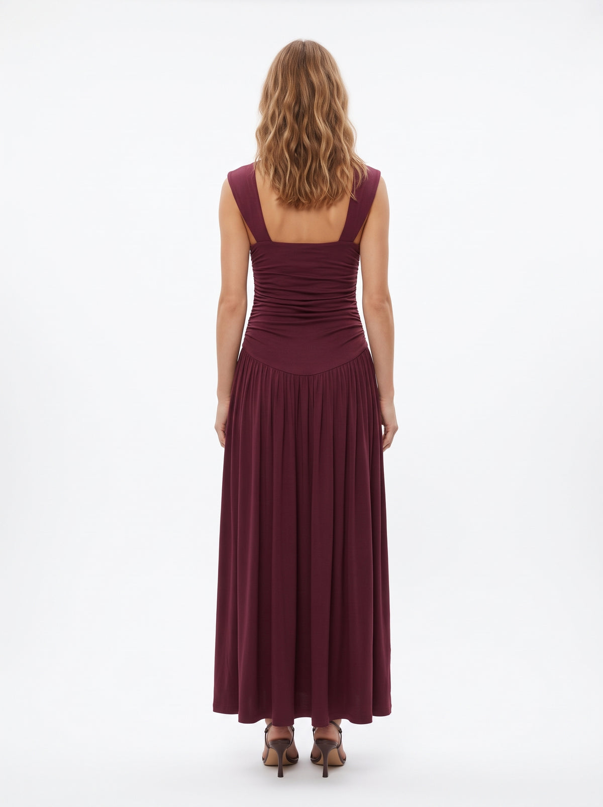 The Valentina Ruched Drop-Waist Sleeveless Maxi Dress in Burgundy