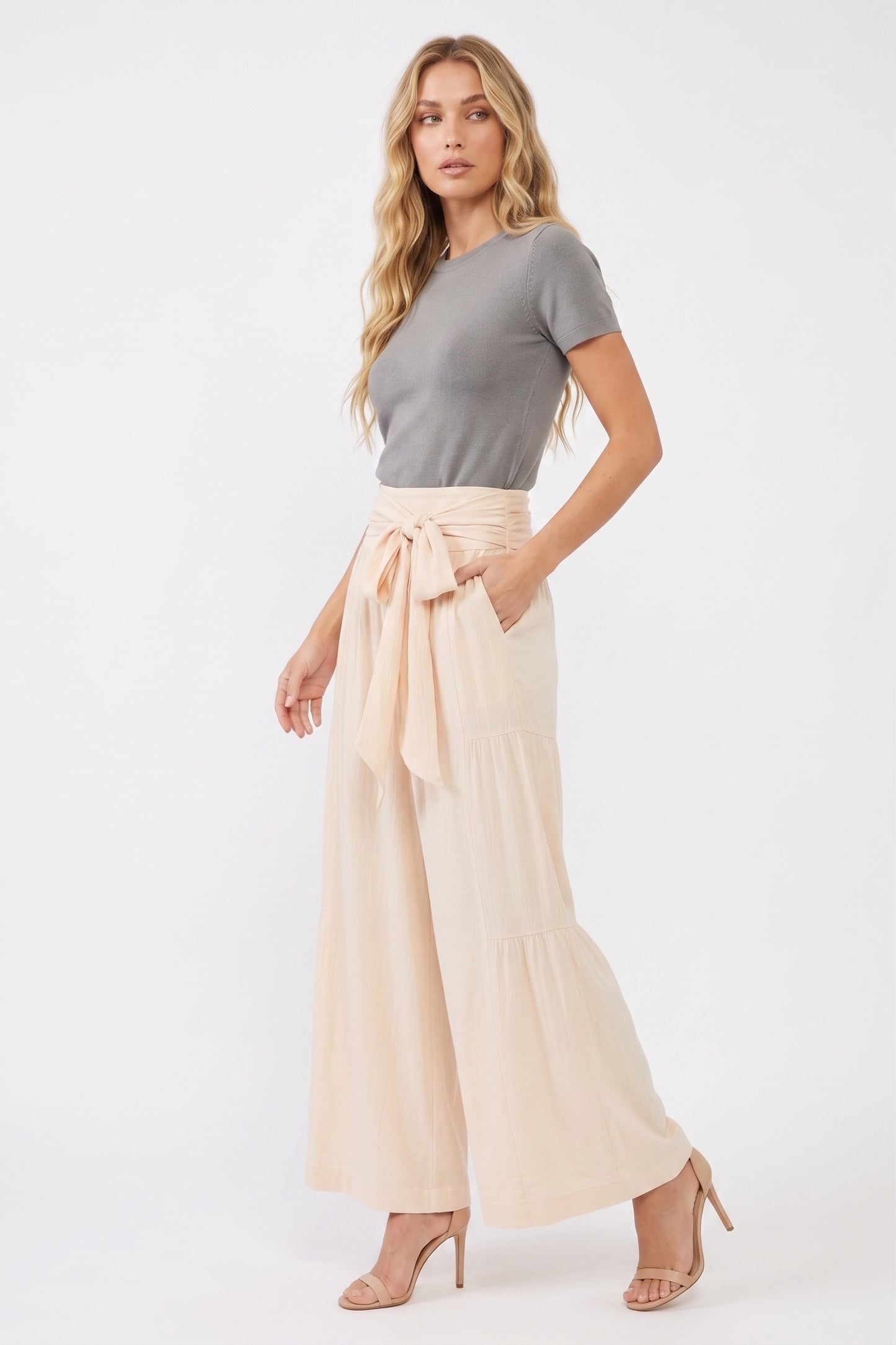 The Catalina Tiered Wide-Leg Tie-Waist Pants in Cream
