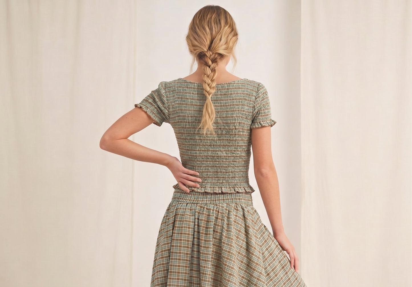 The Hazel Smocked-Waist A-Line Midi Skirt in Sage Plaid