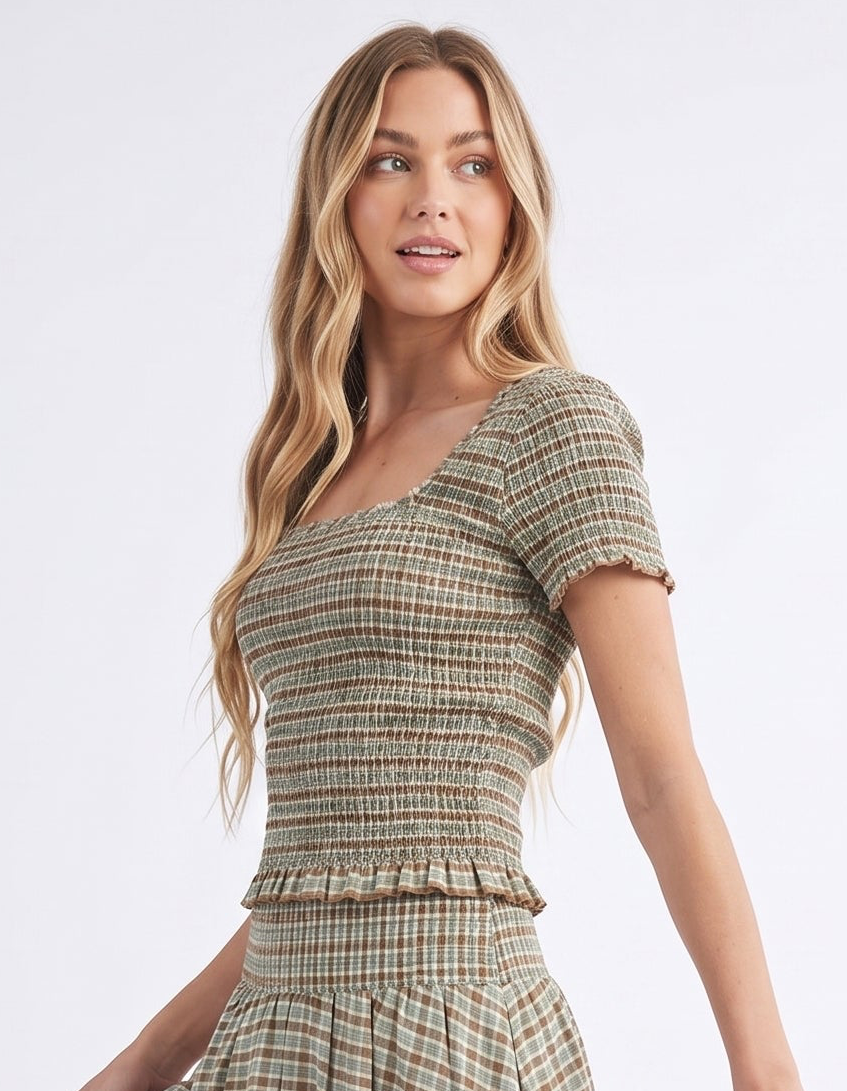 The Hazel Smocked Square-Neck Top in Sage Plaid
