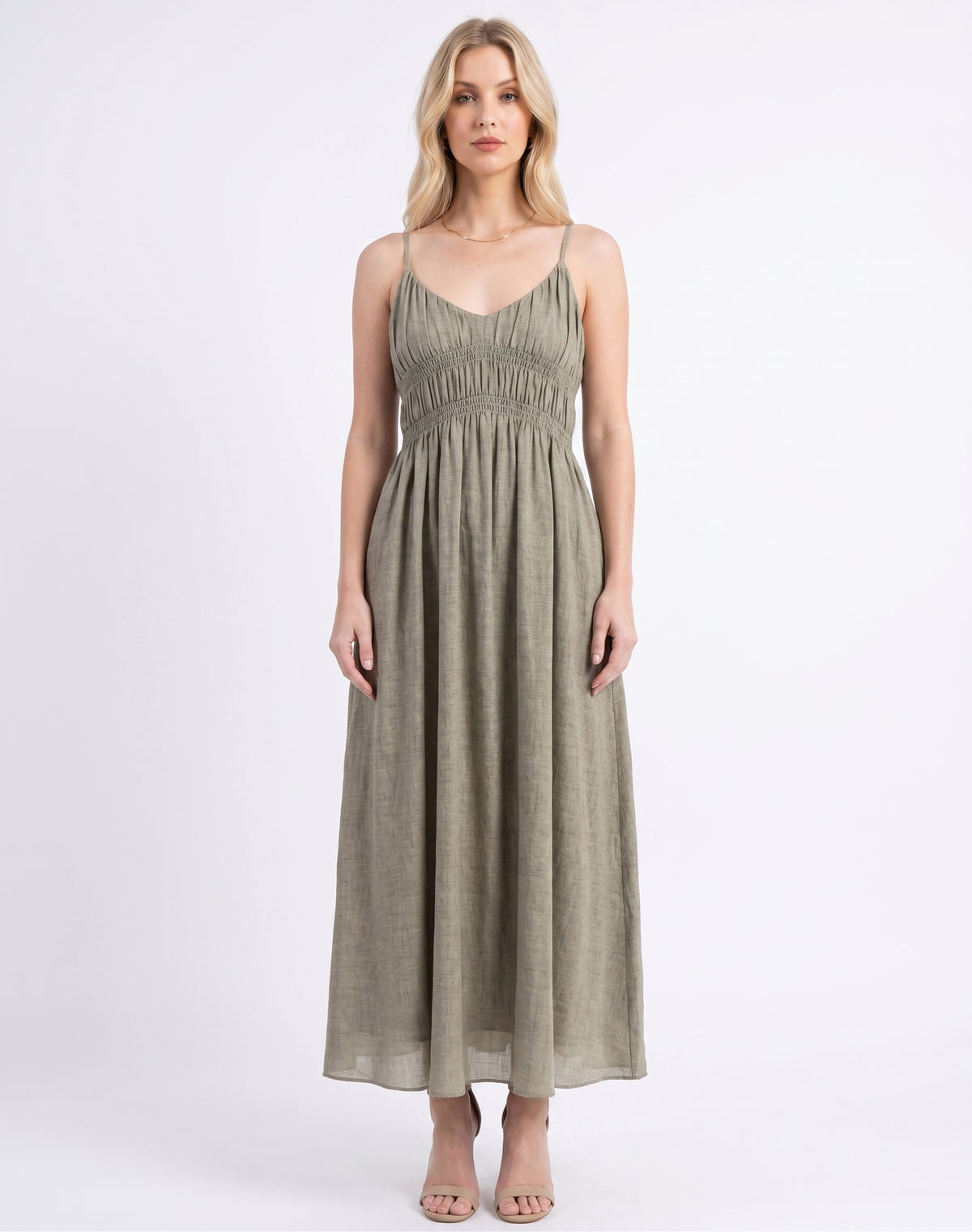 The Marlowe Smocked Empire Cami Maxi Dress in Sage Heather