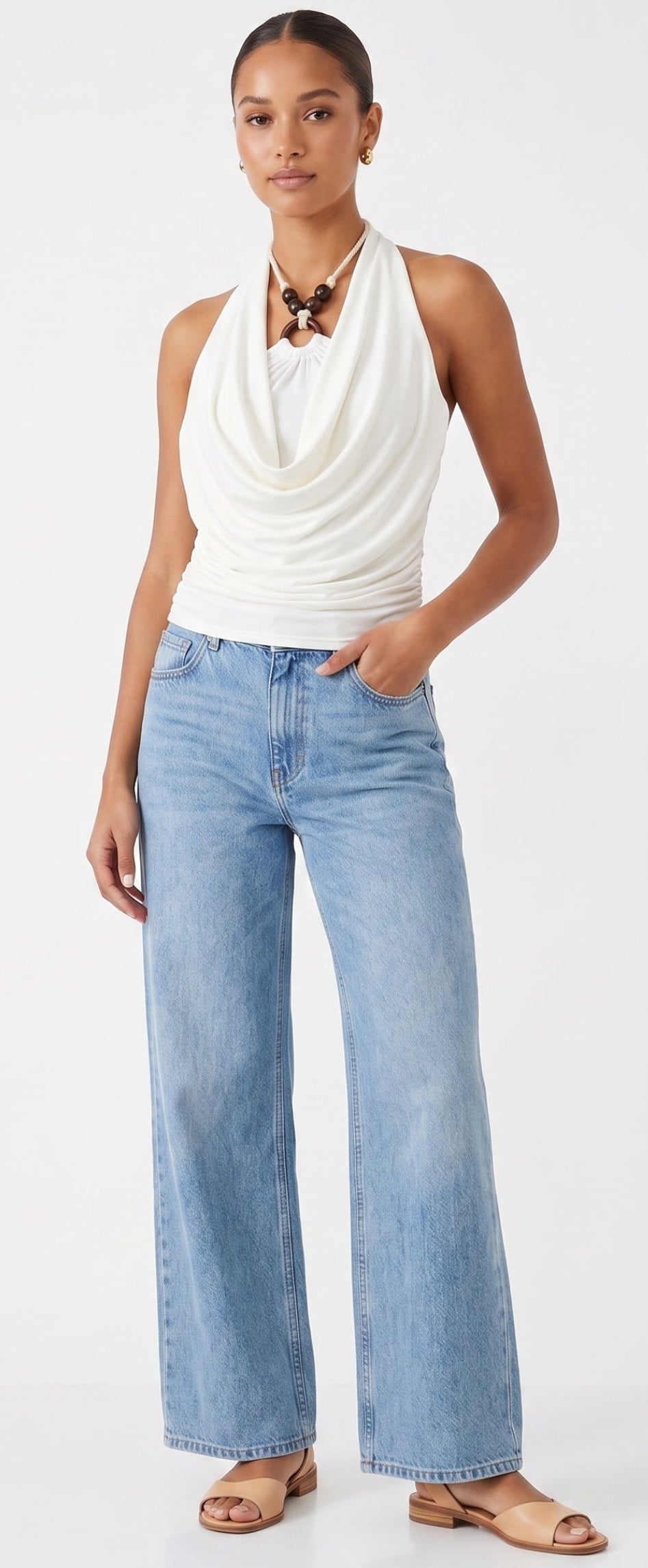 The Santorini Beaded Cowl Halter Top in Ivory