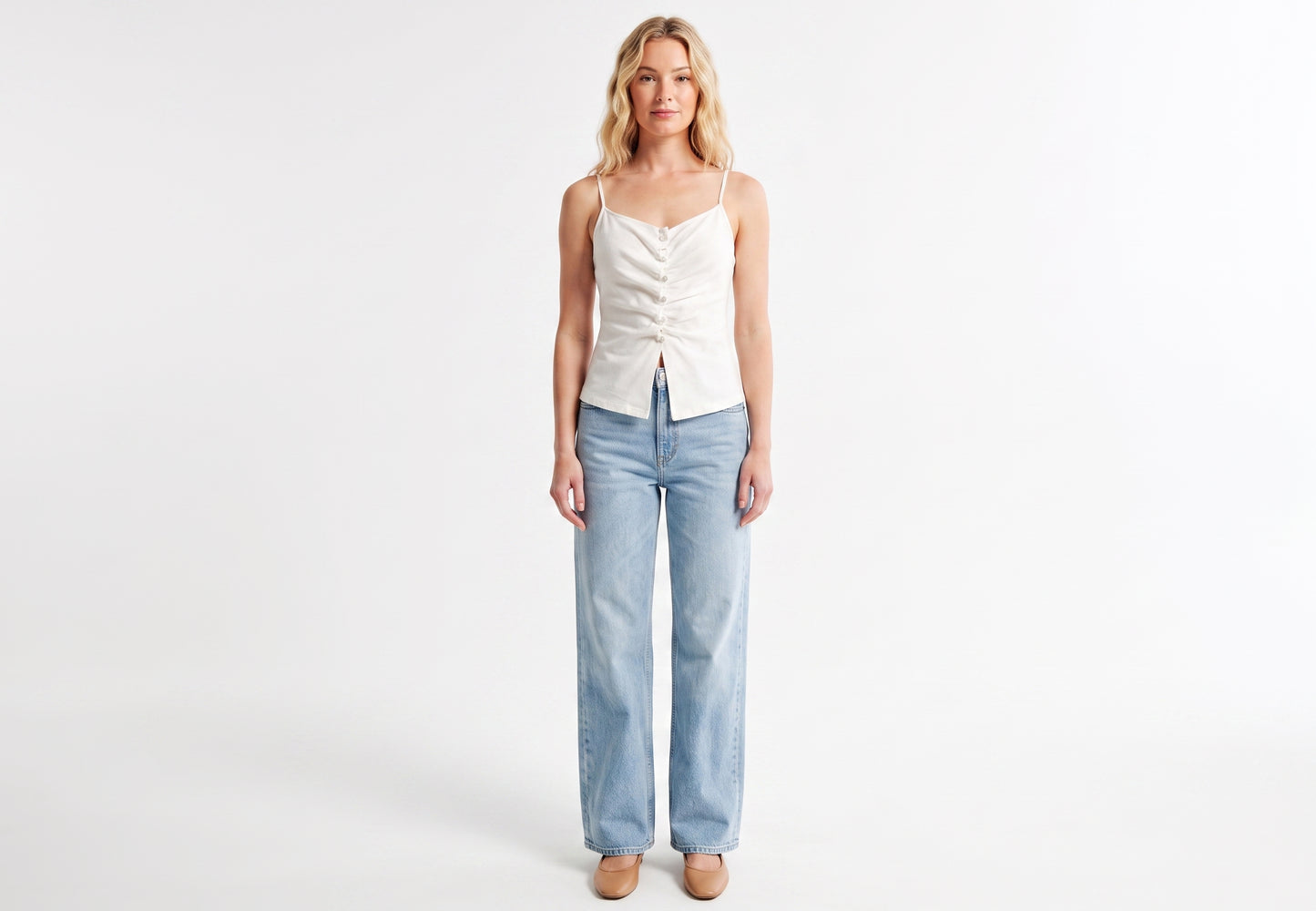 The Elena Center-Ruched Button-Front Cami Top in White