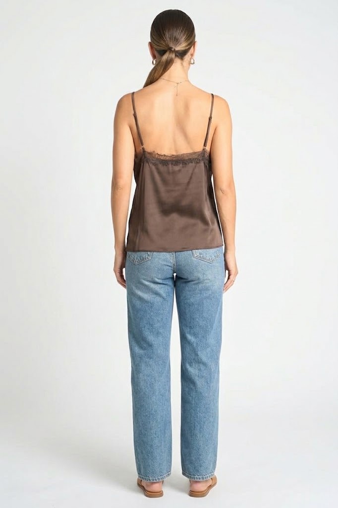 The Genevieve Eyelash Lace Satin Cami Top in Espresso
