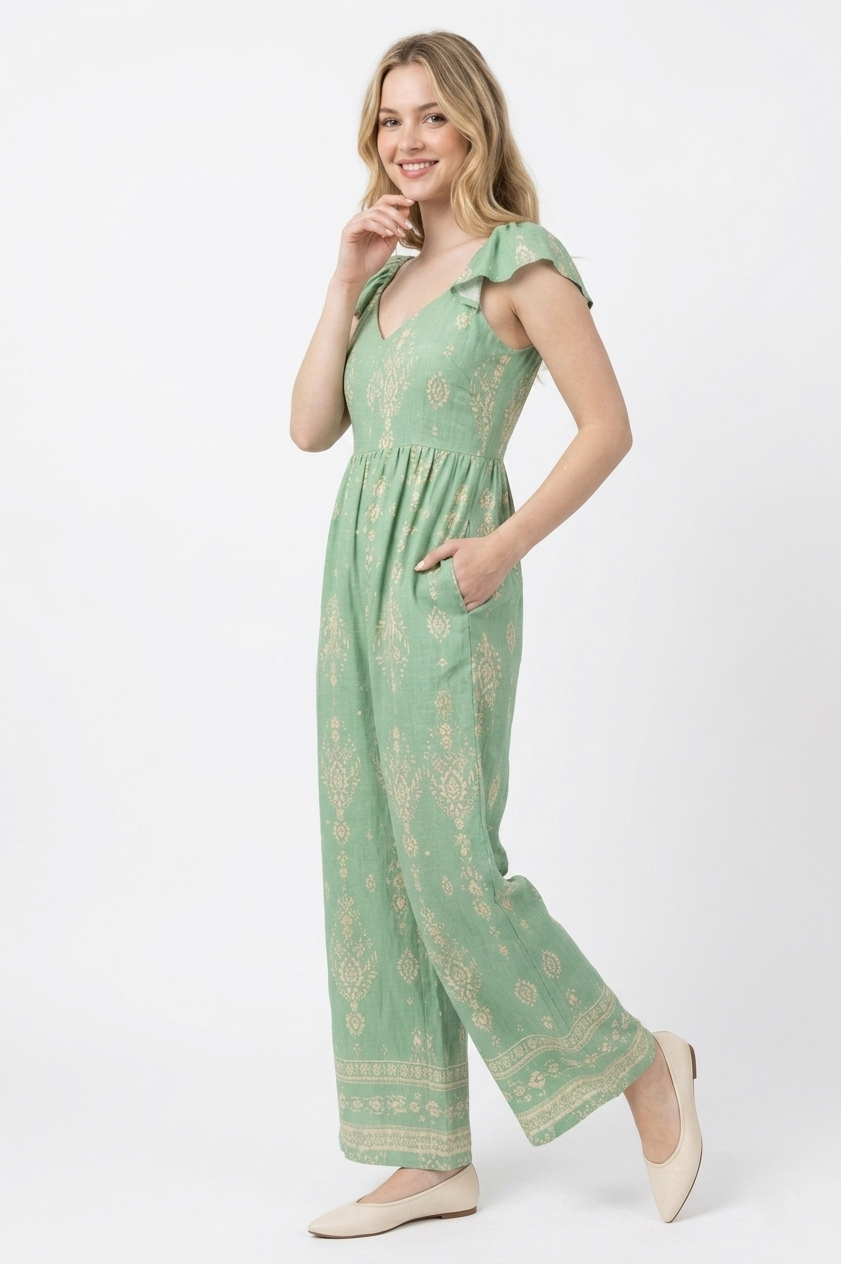 The Flora Sage Flutter-Sleeve Tie-Back Jumpsuit
