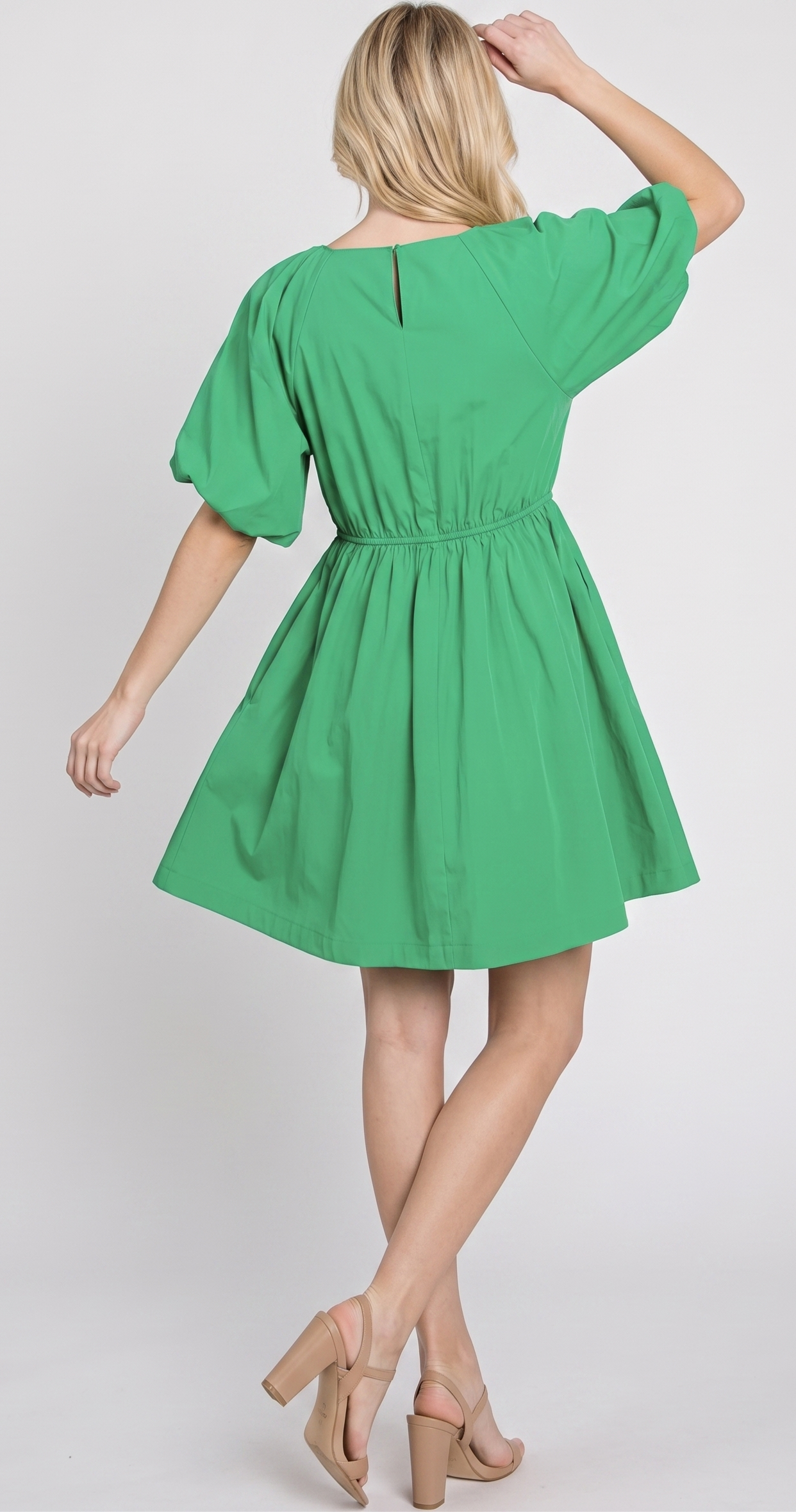 The Palermo Puff-Sleeve Drawstring Mini Dress in Kelly Green