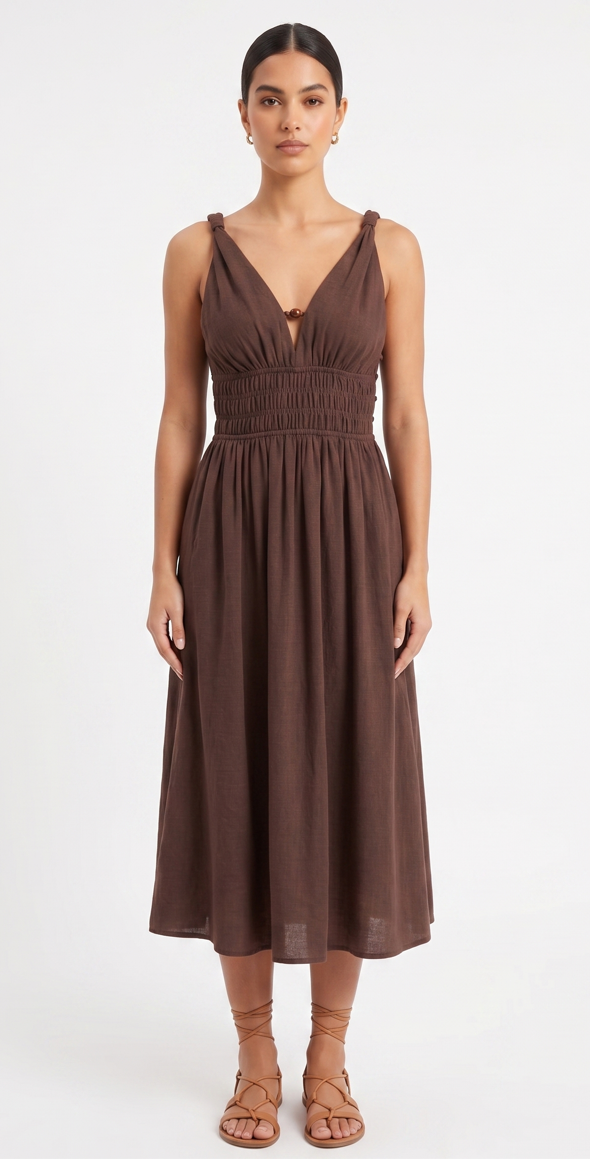 Beaded Side Cutout Smocked Midi Dress