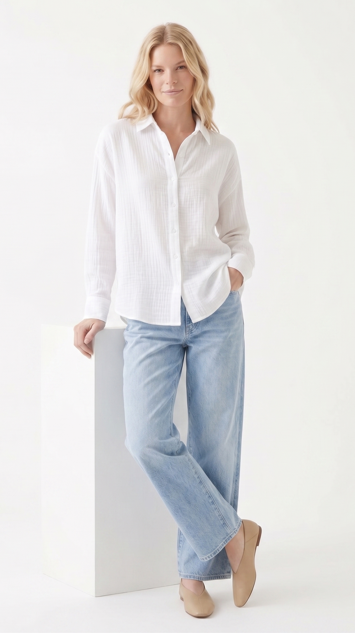 Oversized Crinkle Gauze Button-Up Shirt