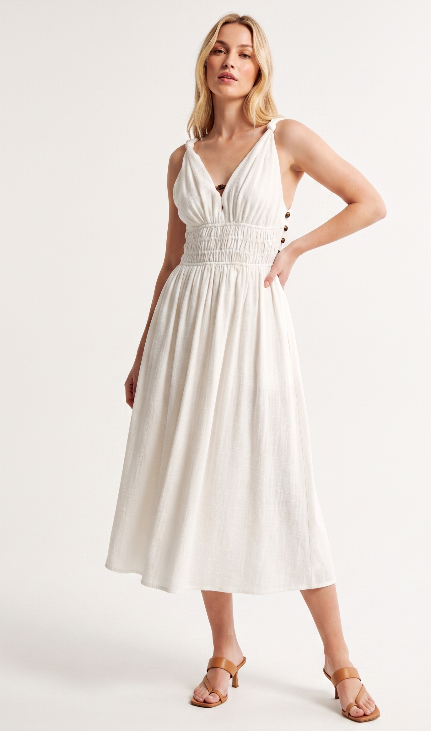 Beaded Side Cutout Smocked Midi Dress