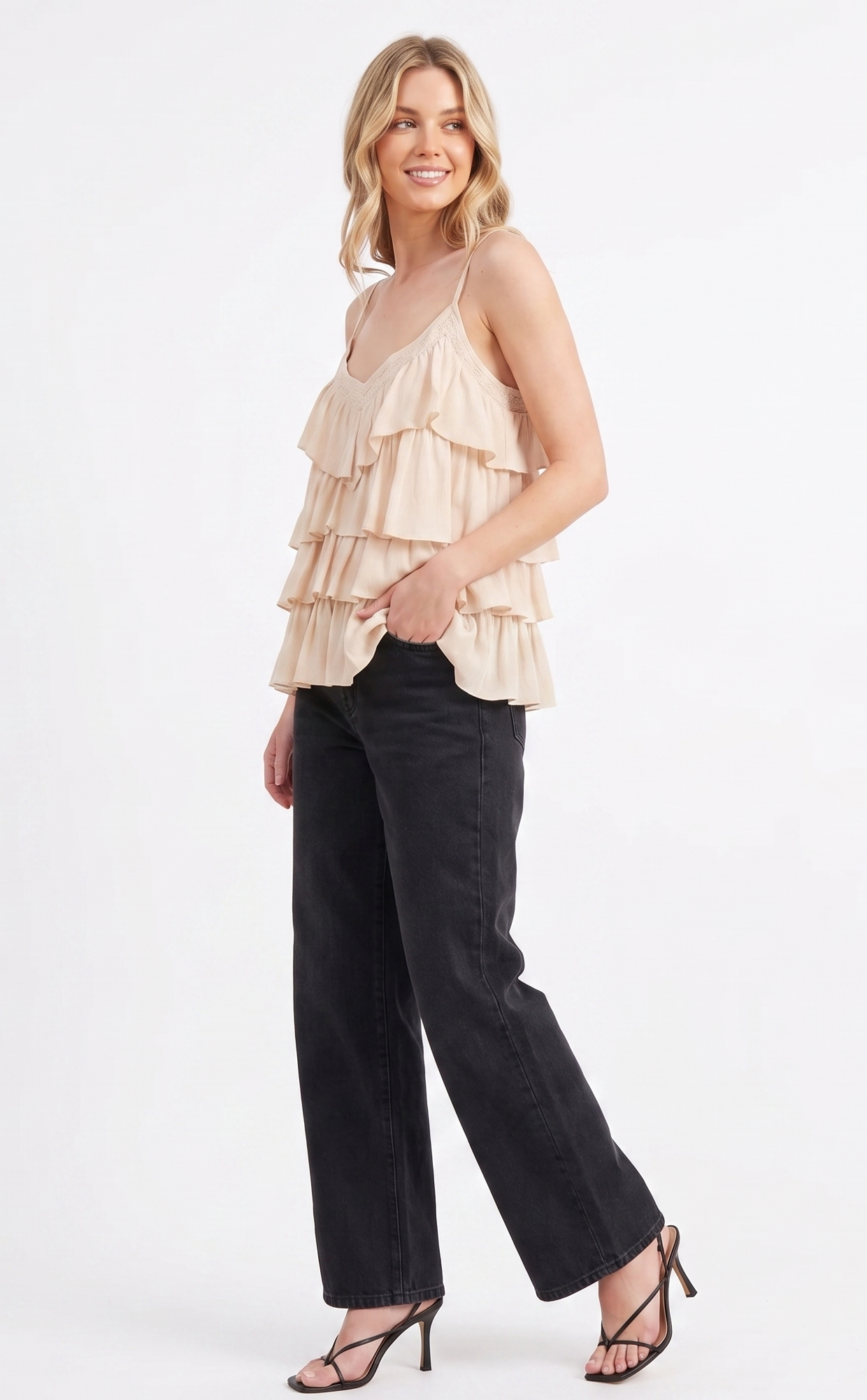 Tiered Ruffle Lace-Trim Cami Top