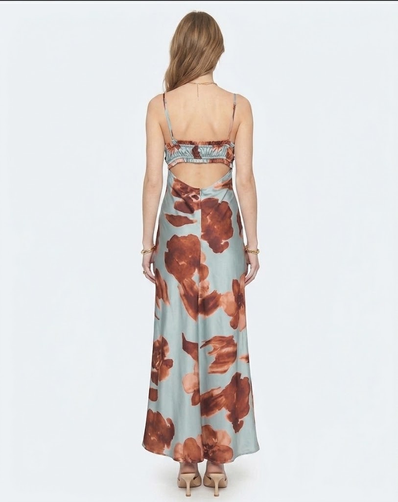 The Marina Watercolor Floral Cutout Satin Maxi Dress in Slate Blue