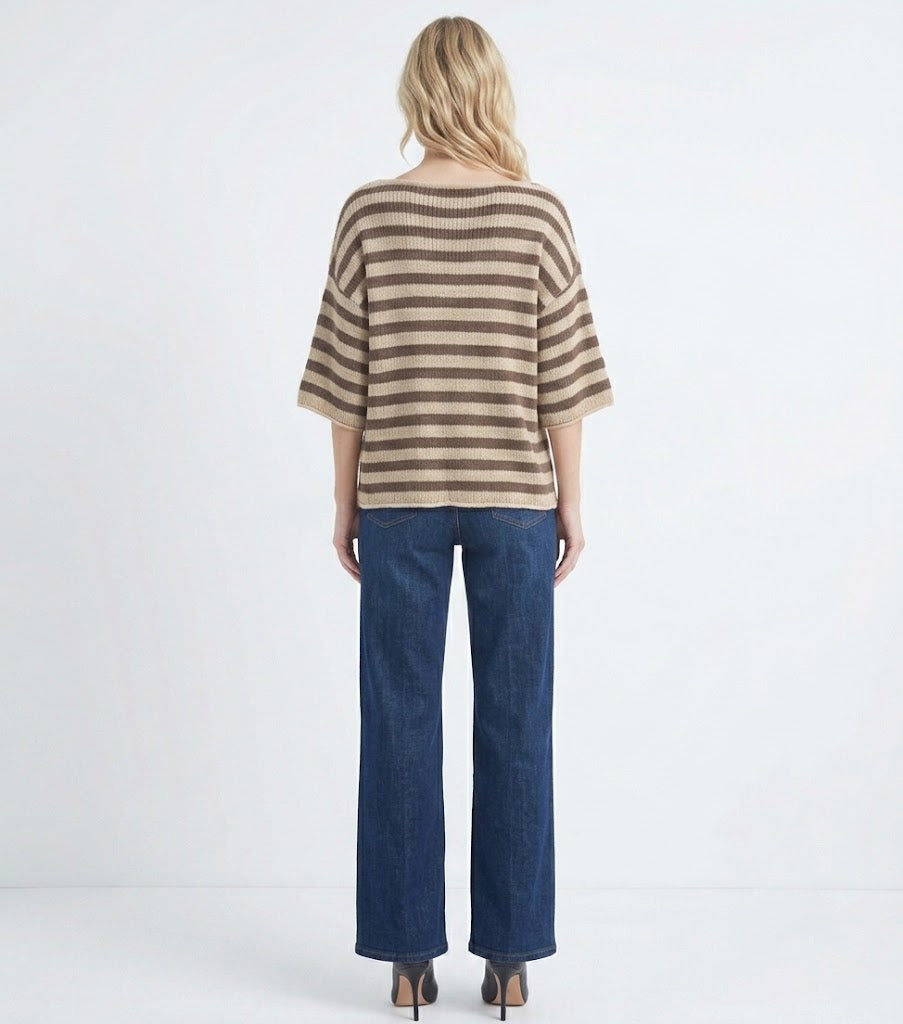 The Montauk Striped Boatneck Elbow-Sleeve Knit Top in Taupe & Brown