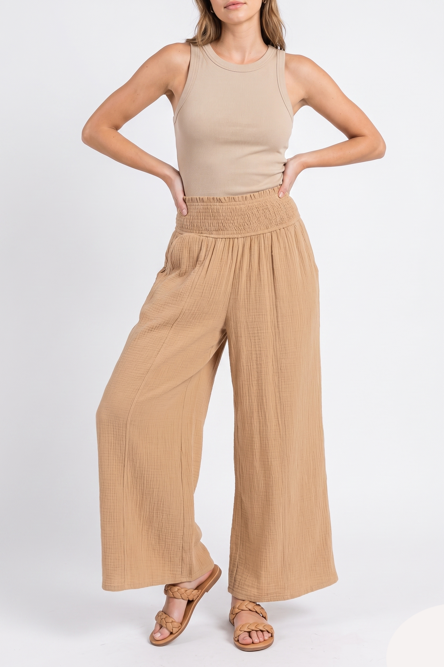 The Sahara Breeze Smocked Wide-Leg Gauze Pant