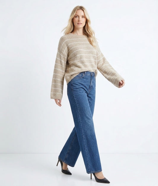 The Nantucket Slouchy Striped Crewneck Sweater in Sand & White