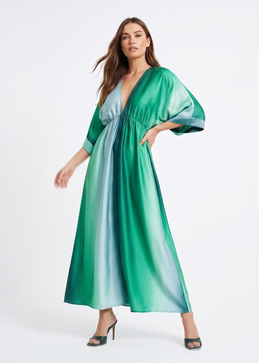 The Siren Ombré Satin Plunge Kaftan Maxi