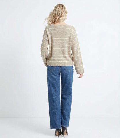 The Nantucket Slouchy Striped Crewneck Sweater in Sand & White