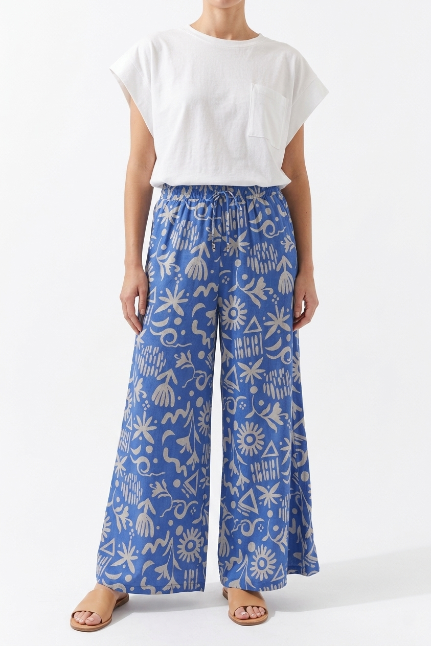 The Azure Abstract Wide-Leg Resort Pants