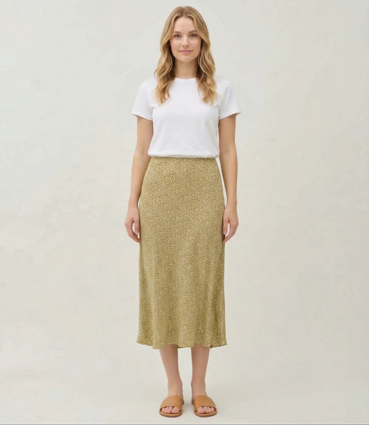 Ivory Spring  Floral Bias-Cut Midi Skirt