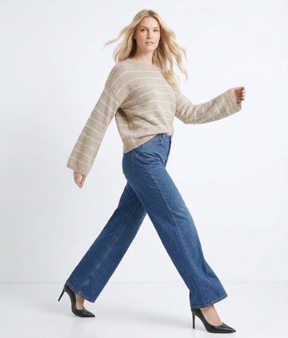 The Nantucket Slouchy Striped Crewneck Sweater in Sand & White