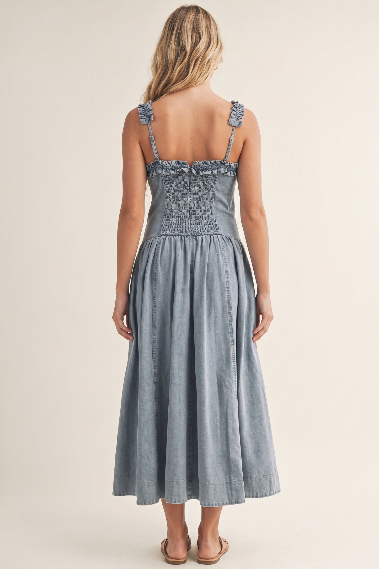 The Amelia Clementine Ruffle-Strap Denim Midi Dress