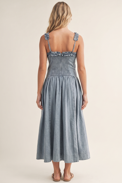 The Amelia Clementine Ruffle-Strap Denim Midi Dress