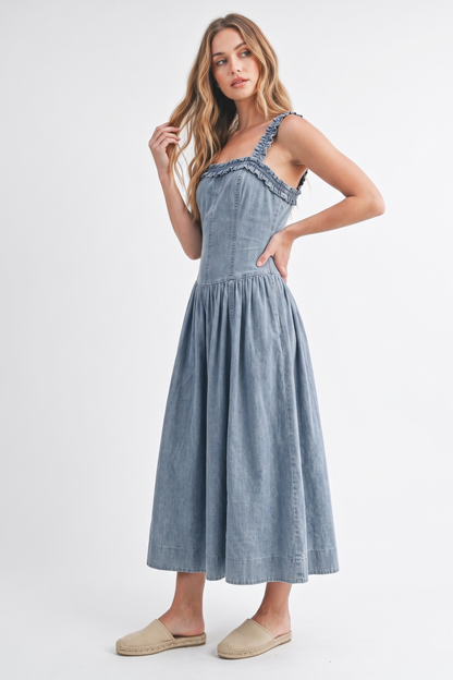 The Amelia Clementine Ruffle-Strap Denim Midi Dress