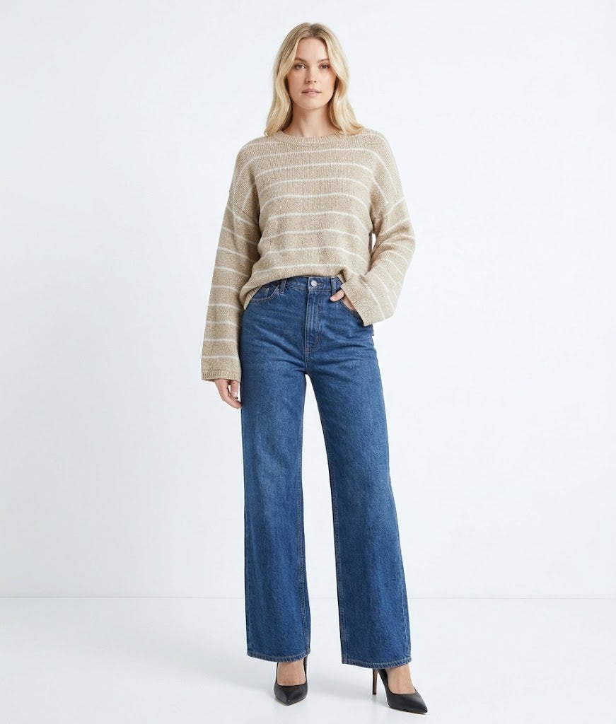 The Nantucket Slouchy Striped Crewneck Sweater in Sand & White