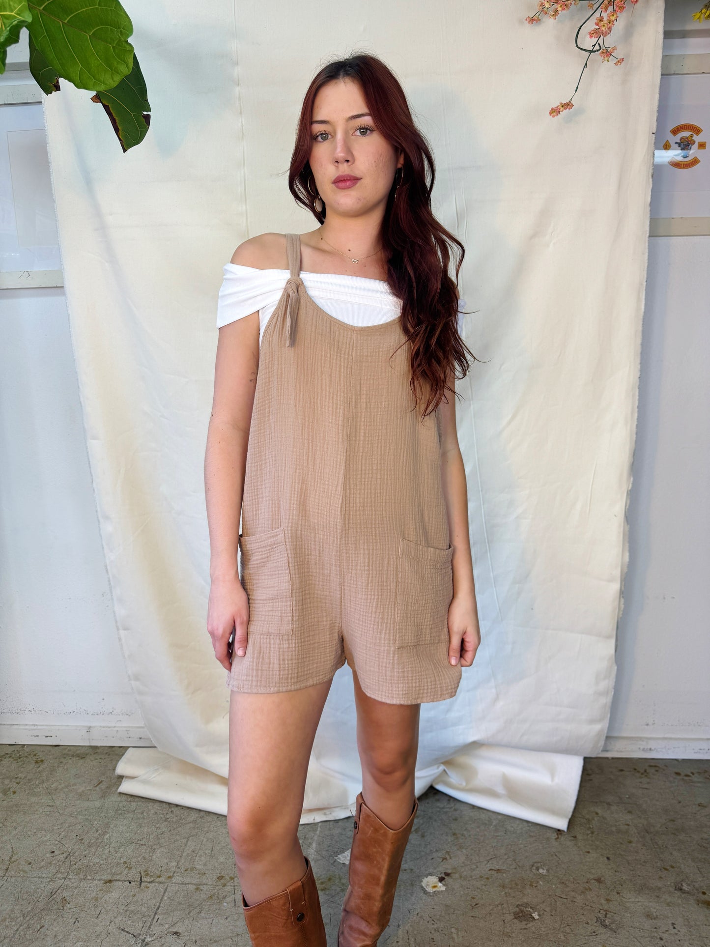 Knit strap tie romper