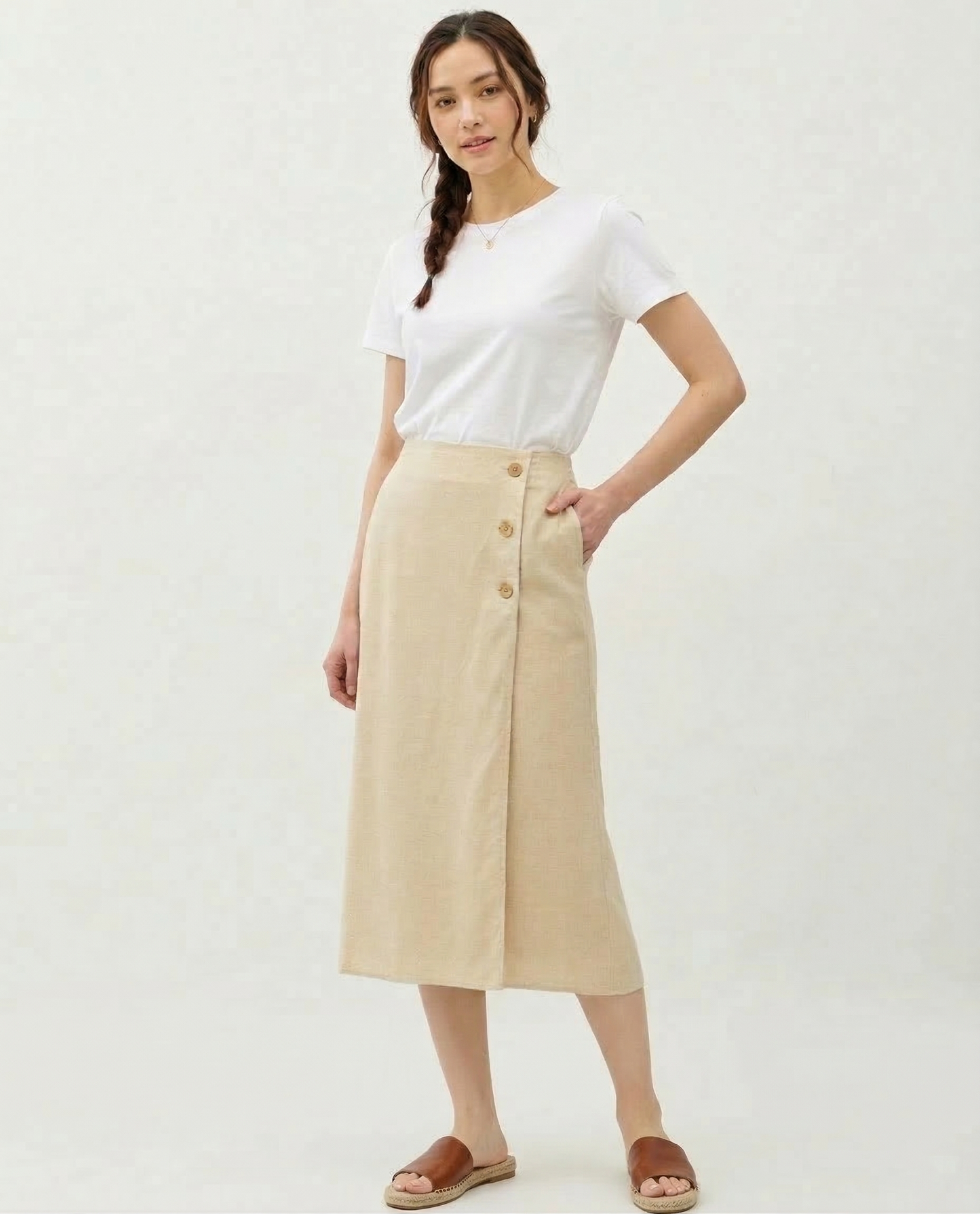 The Harvest Linen Button-Front Midi Skirt Janise