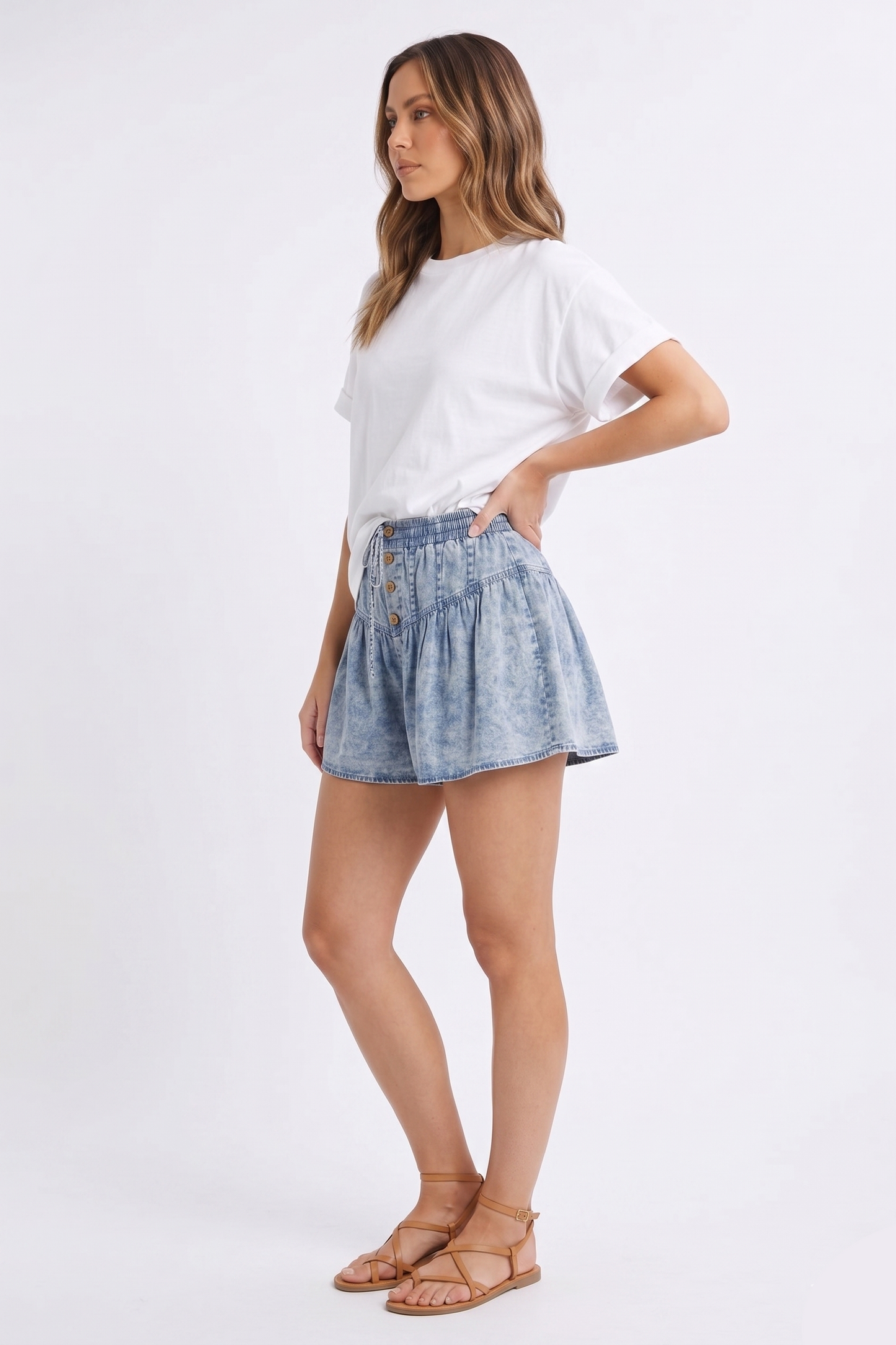 Acid Wash Smocked Waist Denim Shorts