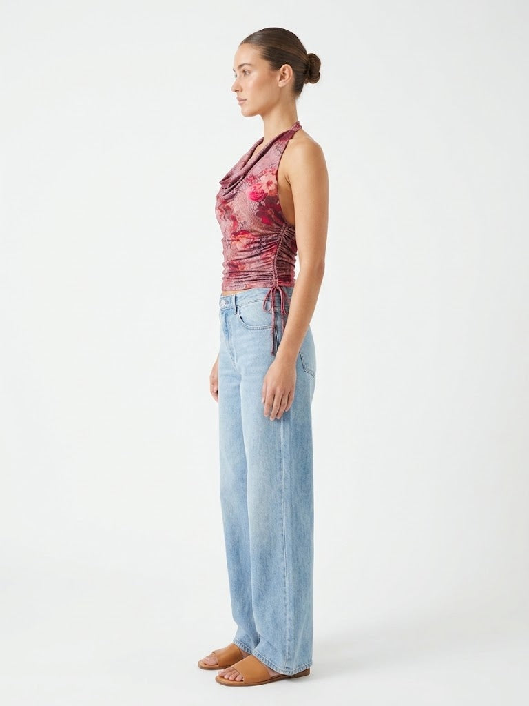 The Delilah Ruched Cowl Halter Top in Mauve Rose