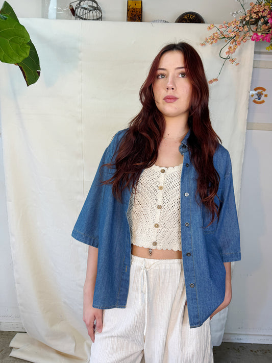 Oversized denim button up top