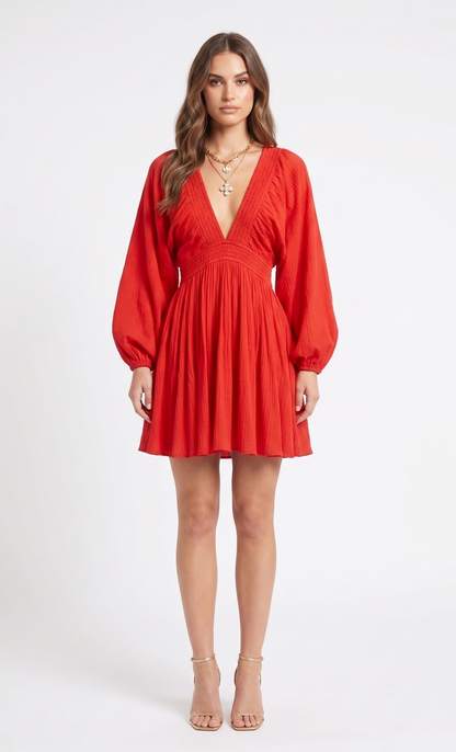 The Valentina Plunge Balloon-Sleeve Skater Mini Dress