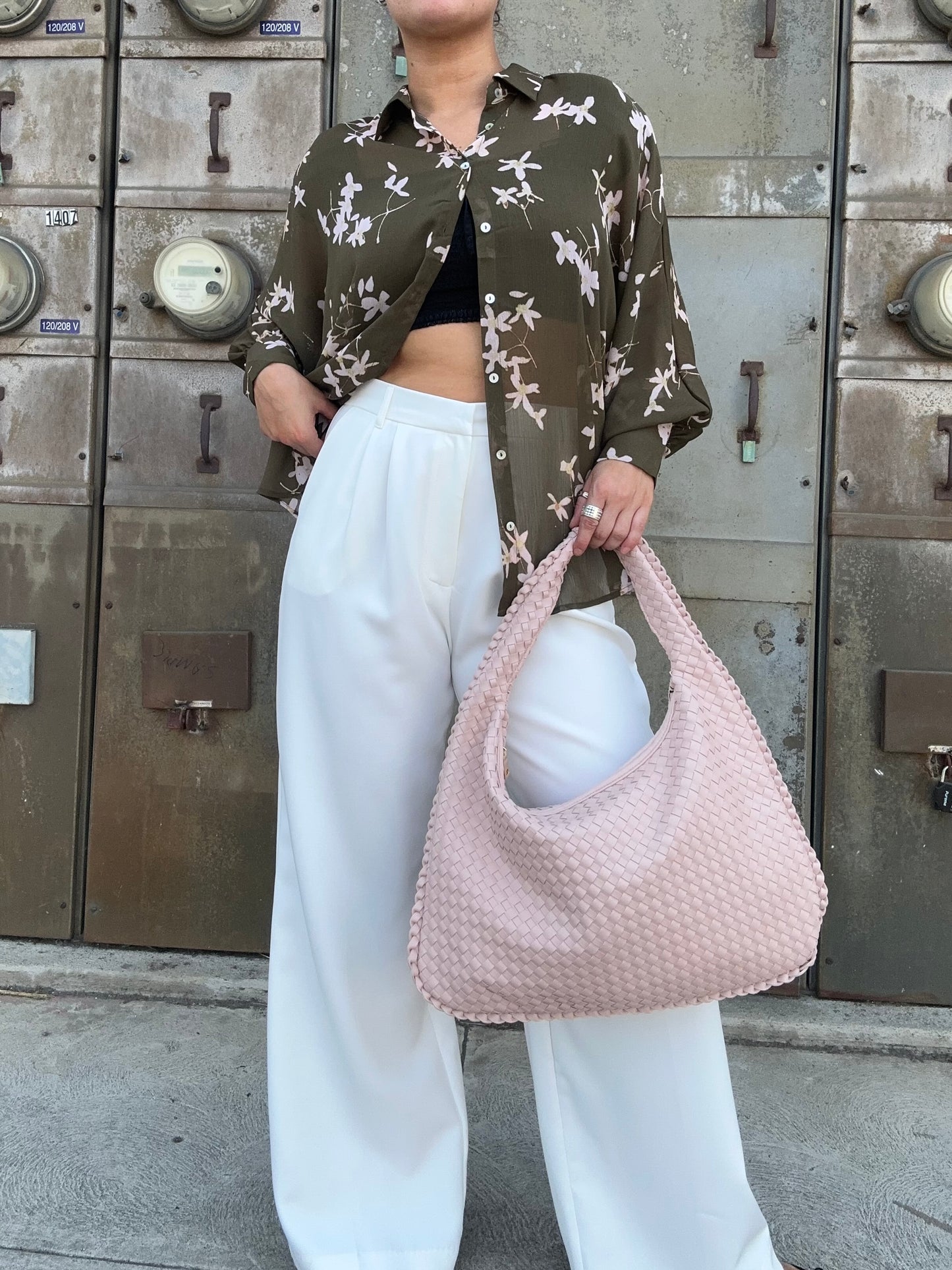 Woven vegan leather shoulder bag