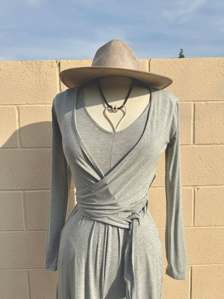 Jersey wide leg jumpsuit set comes with a wrap front tie long sleeve top