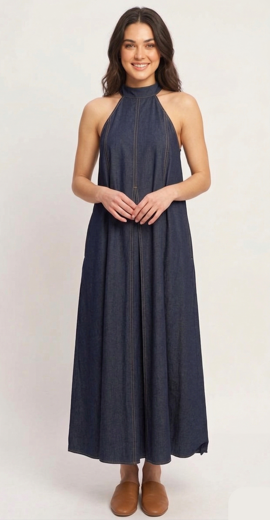 The Heritage Indigo Denim Halter Maxi