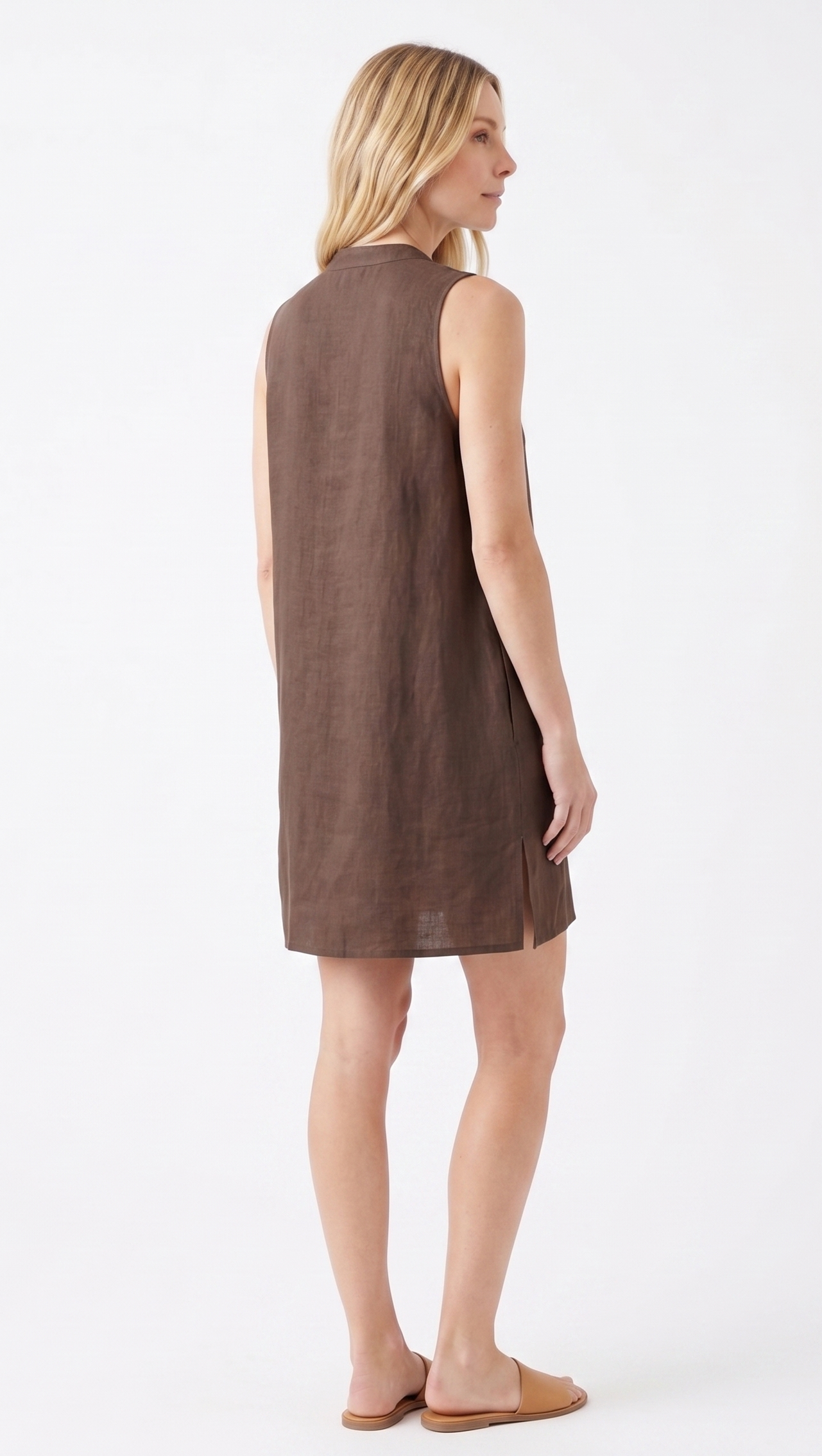 Linen-Blend Mandarin Collar Shift Dress