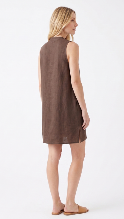 Linen-Blend Mandarin Collar Shift Dress