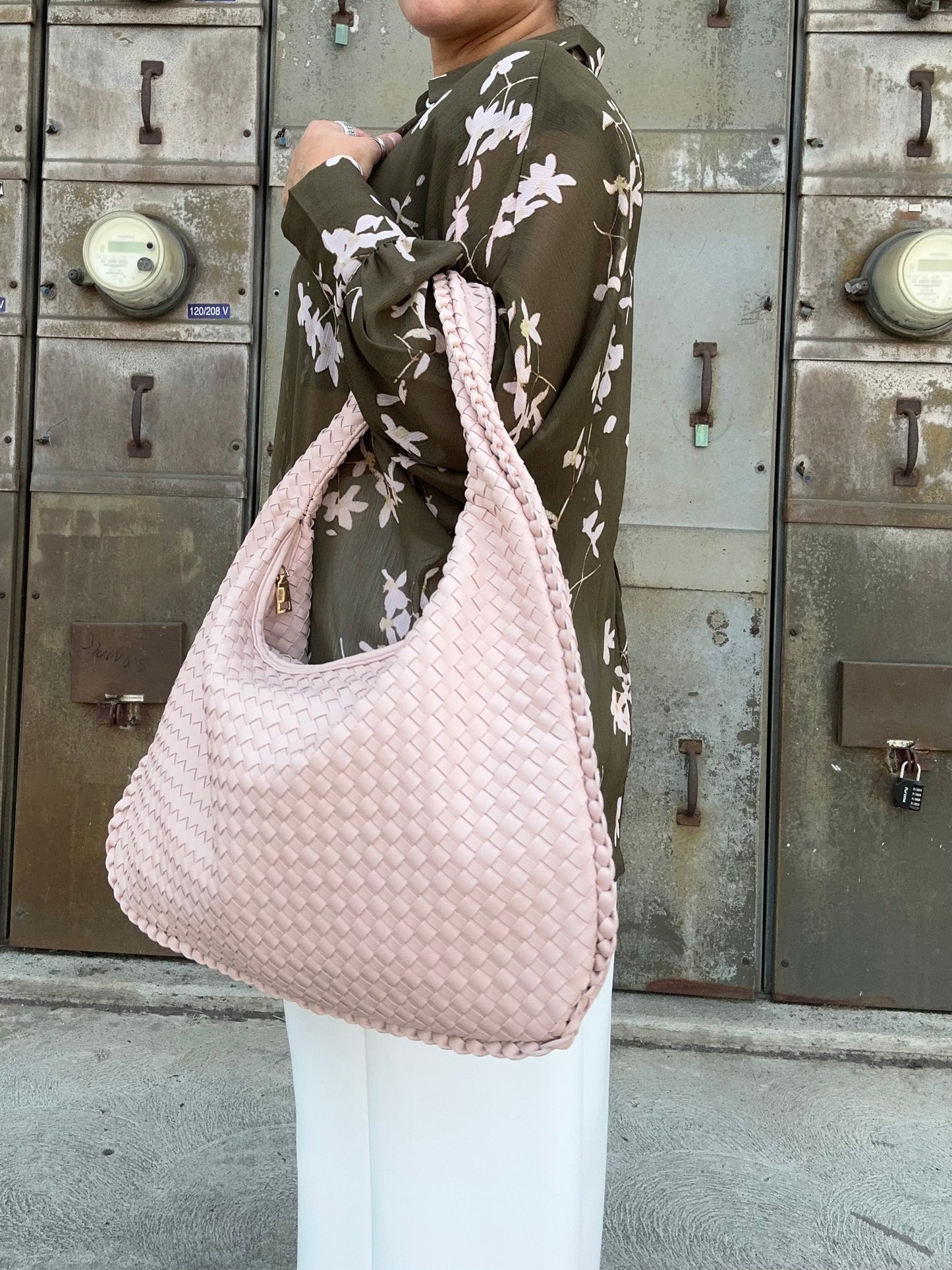 Woven vegan leather shoulder bag