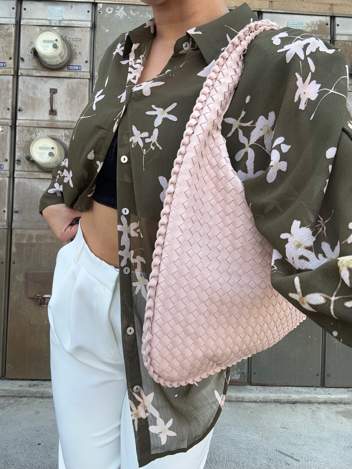 Woven vegan leather shoulder bag