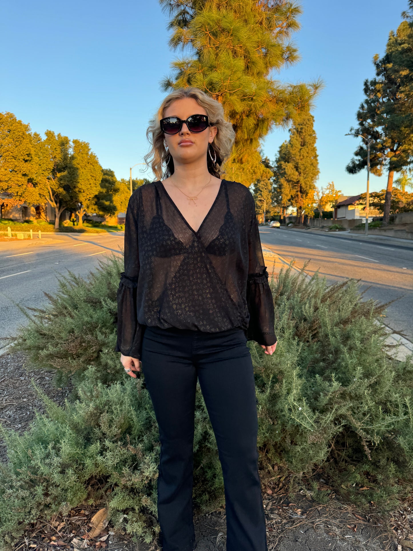 Sheer Gold Bell Sleeve Top