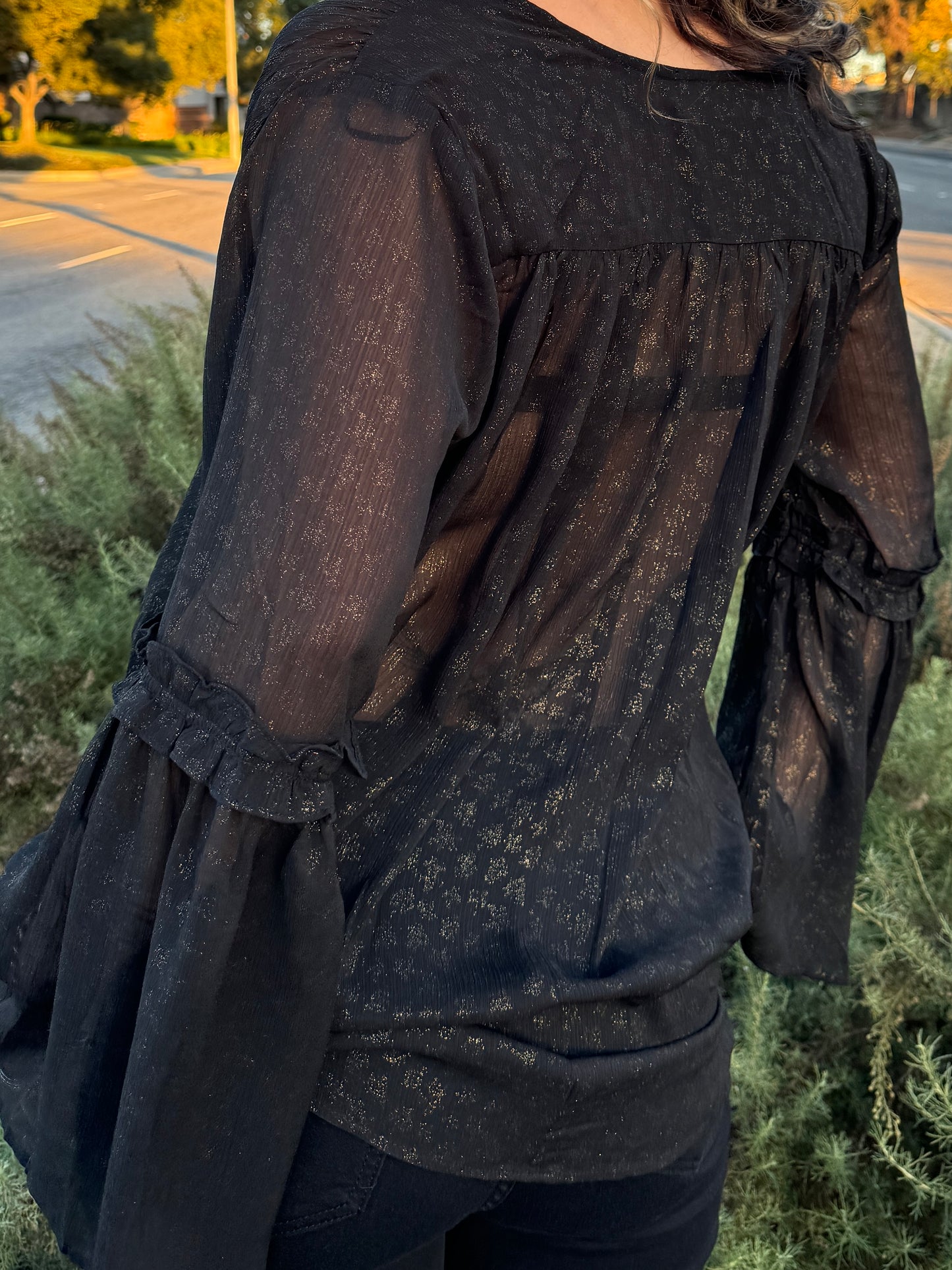 Sheer Gold Bell Sleeve Top