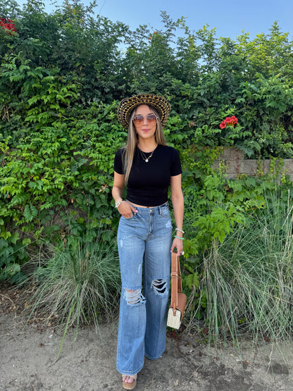 high waisted distressed jeans
