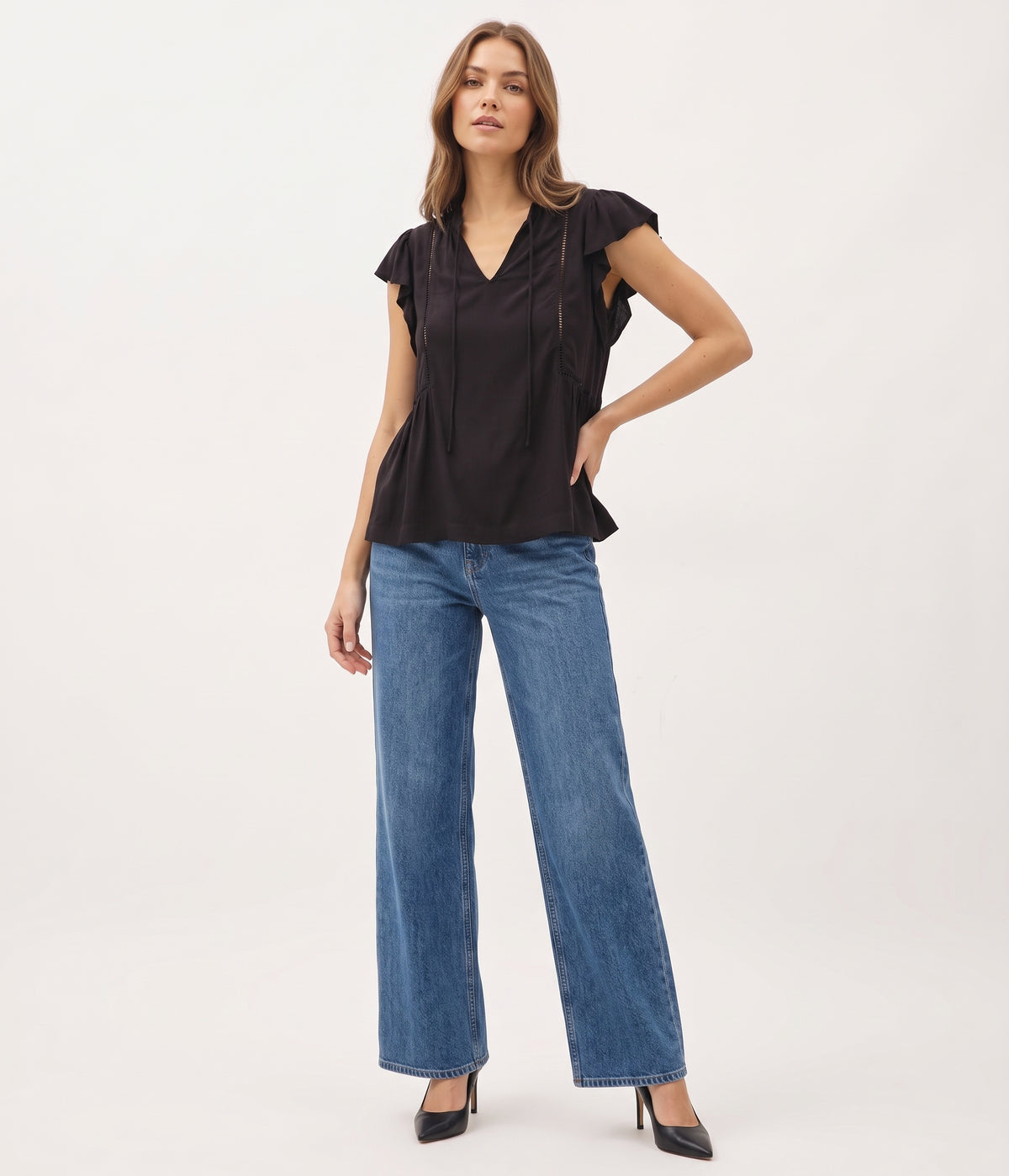 The Clarissa Flutter-Sleeve Ladder-Lace Babydoll Top