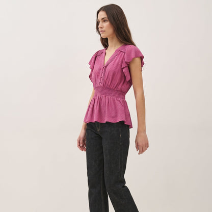 The Camille Smocked-Waist Flutter-Sleeve Peplum Blouse in Magenta
