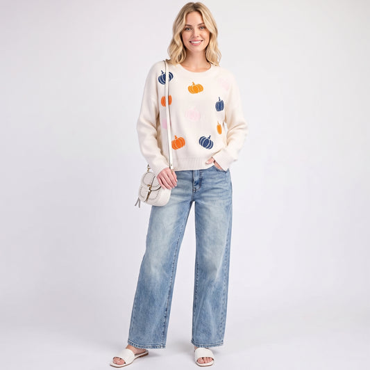 The Autumn Embroidered Pumpkin Patch Crewneck Sweater in Cream